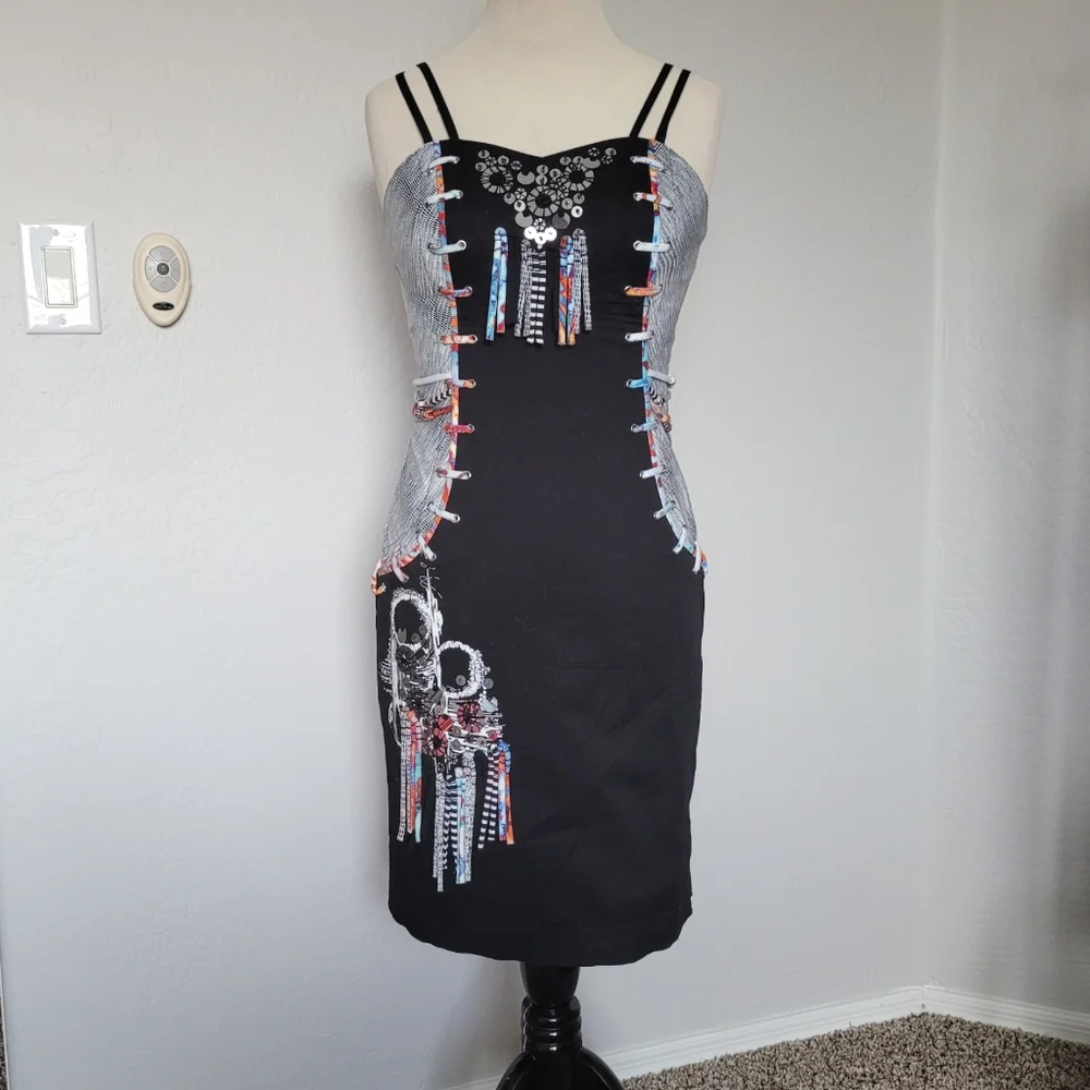 Vintage Black Mini Dress 90s Punk Goth Bodycon Festival - Picture 2 of 9